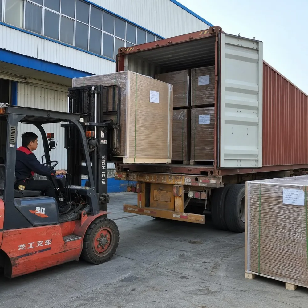 Masonite hardboard panels bundled and loaded into export container at Xuzhou factory