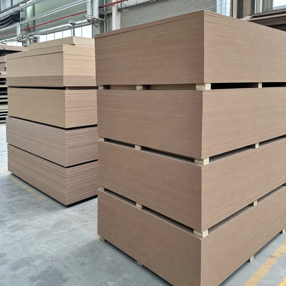 Masonite hardboard panels stacked at factory — smooth S1S surface, tempered and standard grades