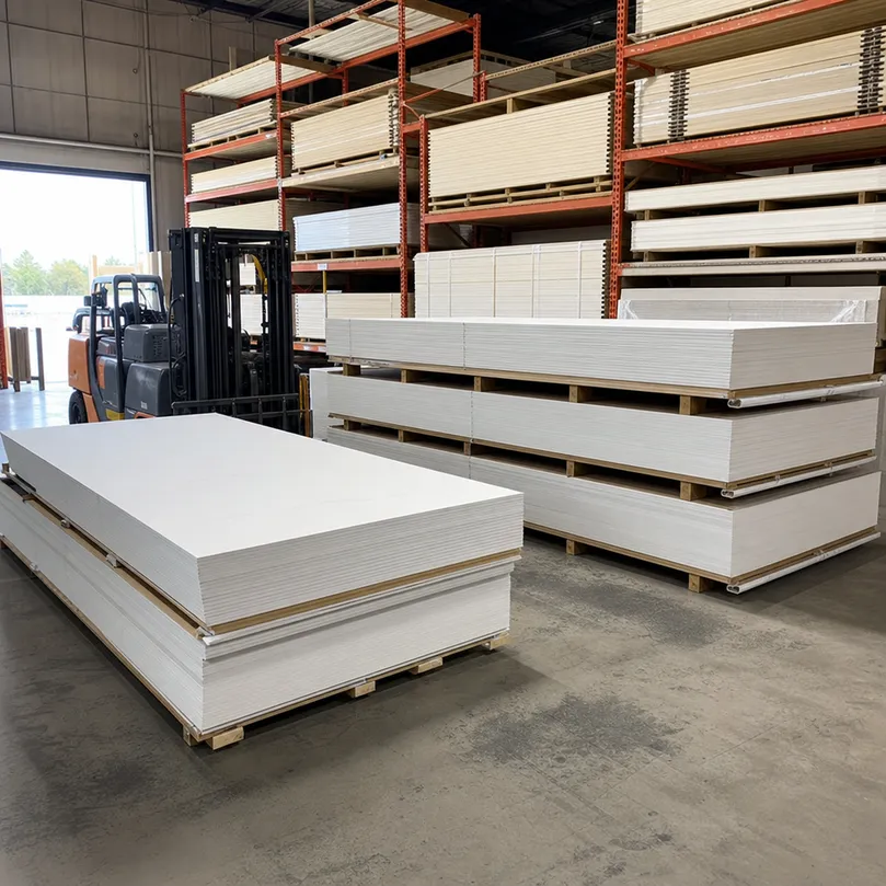 Primed hardboard panels stacked at a building products wholesale distributor in North America