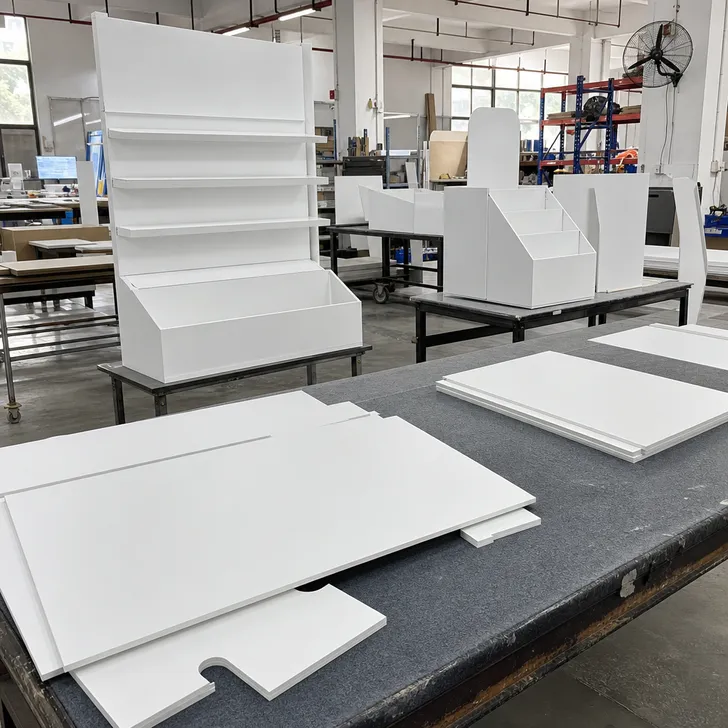 Primed hardboard panels used in retail display fixtures and point-of-sale units