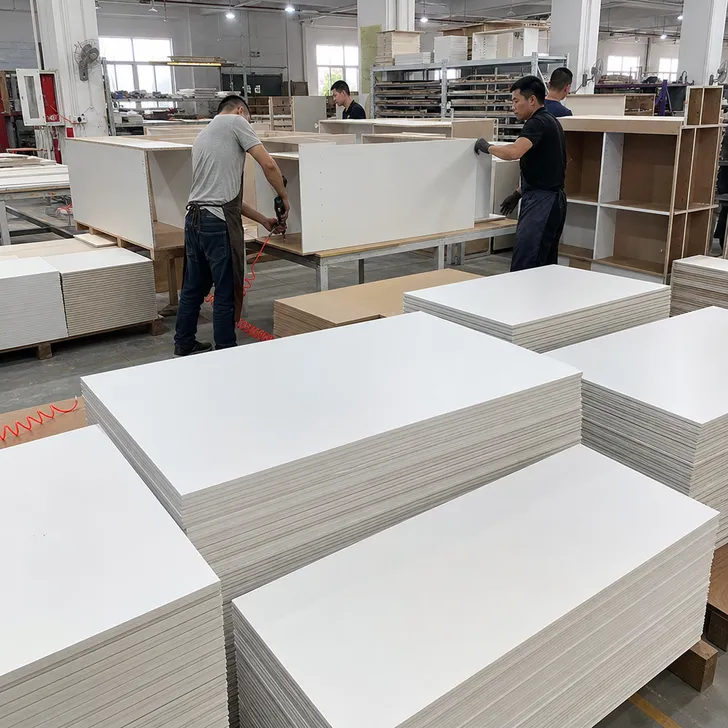 Primed hardboard panels used as cabinet backs and interior panels in furniture manufacturing