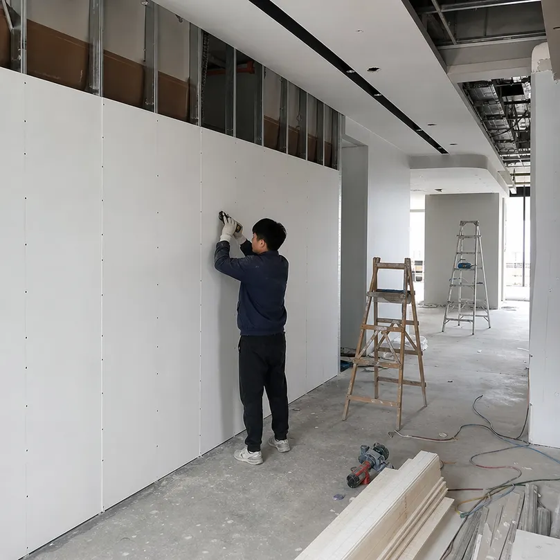 Contractor installing primed hardboard wall panels in a commercial interior fit-out project