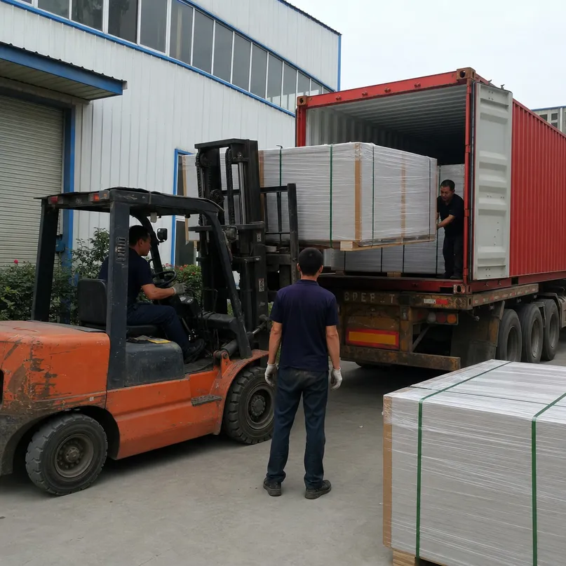 Primed hardboard panels bundled and loaded into shipping container at Xuzhou factory