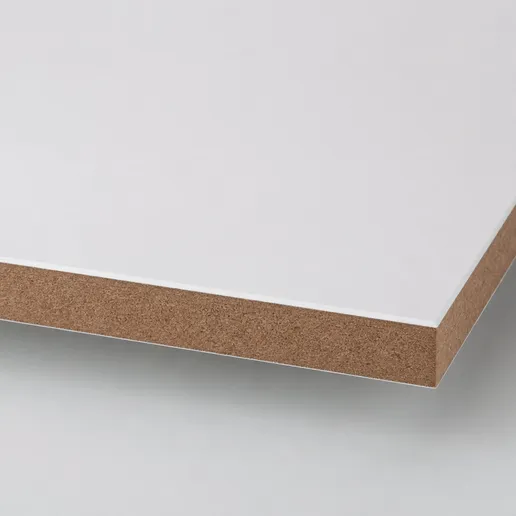 Cross-section view of primed hardboard panel showing smooth white primer face and HDF core — ±0.2mm thickness tolerance