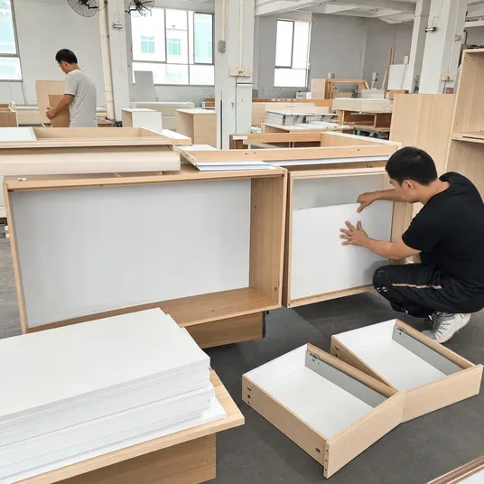 Primed hardboard used as furniture back panel and drawer bottom in cabinet manufacturing