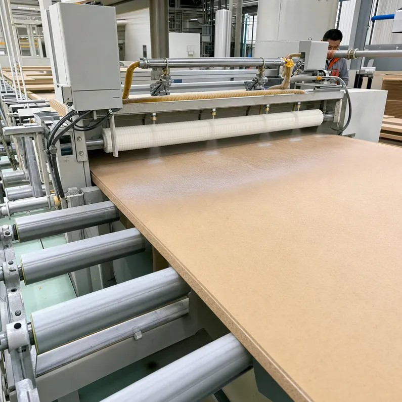 In-line primer application on fresh-sanded hardboard panels at the factory — mechanically active surface at point of coating