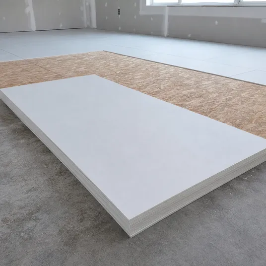 Primed hardboard sheet used as underlayment and flooring substrate in construction