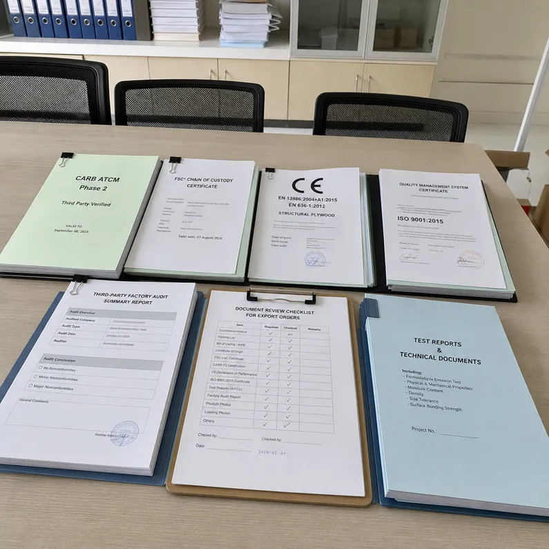 QDPlywood certification documentation — CARB P2, FSC, CE, ISO 9001 audit reports