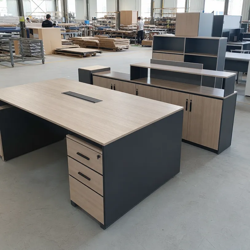 Commercial office desks and storage units surfaced with HPL plywood for abrasion resistance
