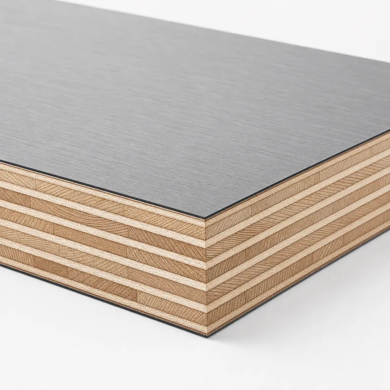 Cross-section diagram of furniture HPL plywood showing HPL overlay bonded to cross-grain plywood core veneers
