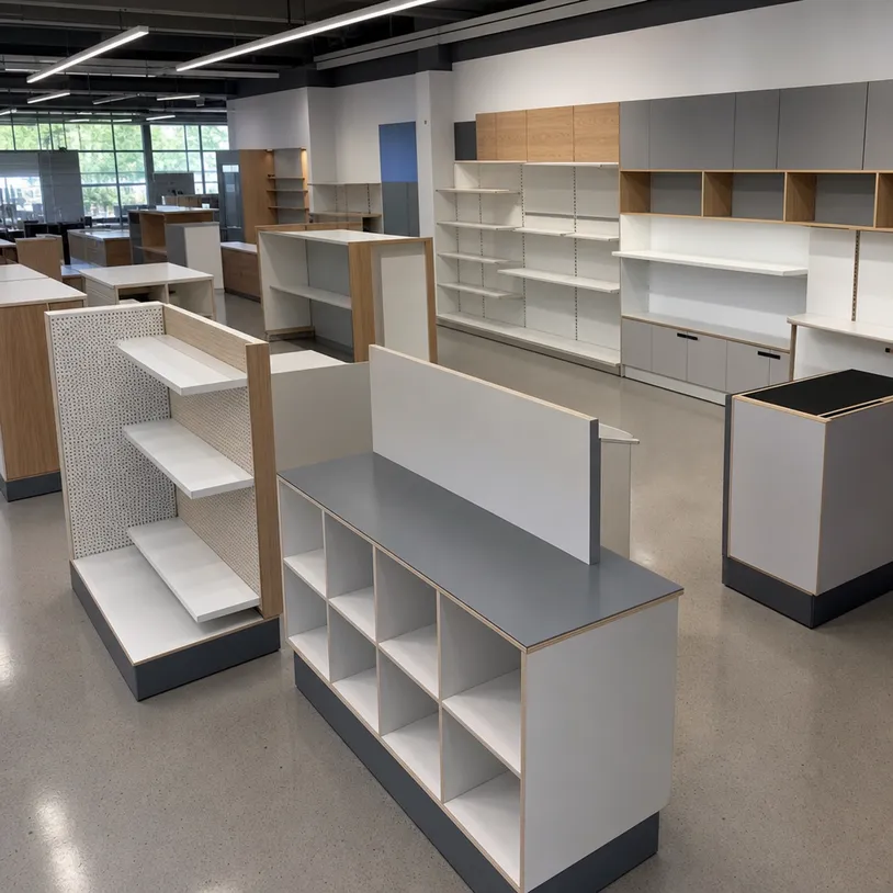 Retail display shelving and shopfitting fixtures built with HPL plywood for durability and consistent surface finish