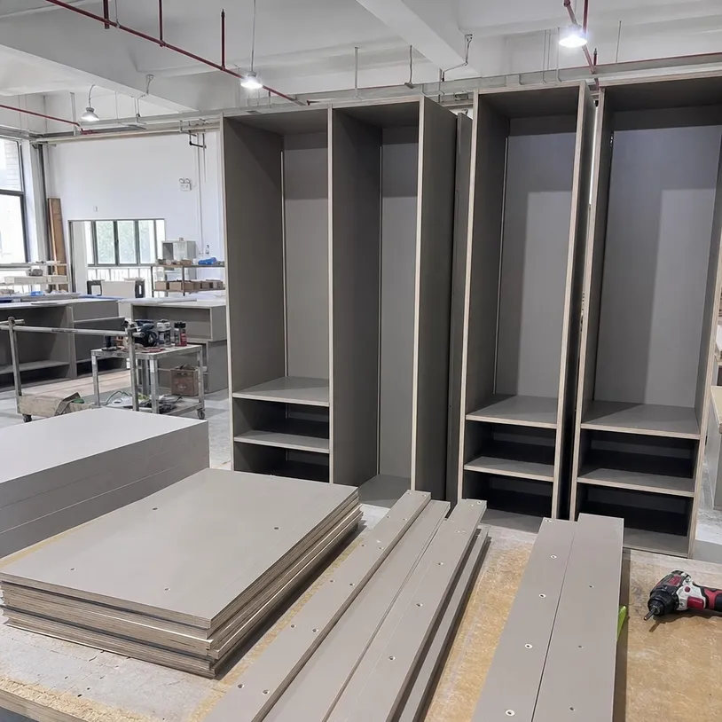 Wardrobe carcass and storage system panels made from HPL plywood with stable plywood core resisting warping