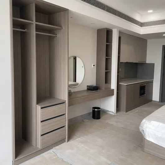 Commercial fit-out project using HPL cabinet board for hotel room furniture and office cabinetry