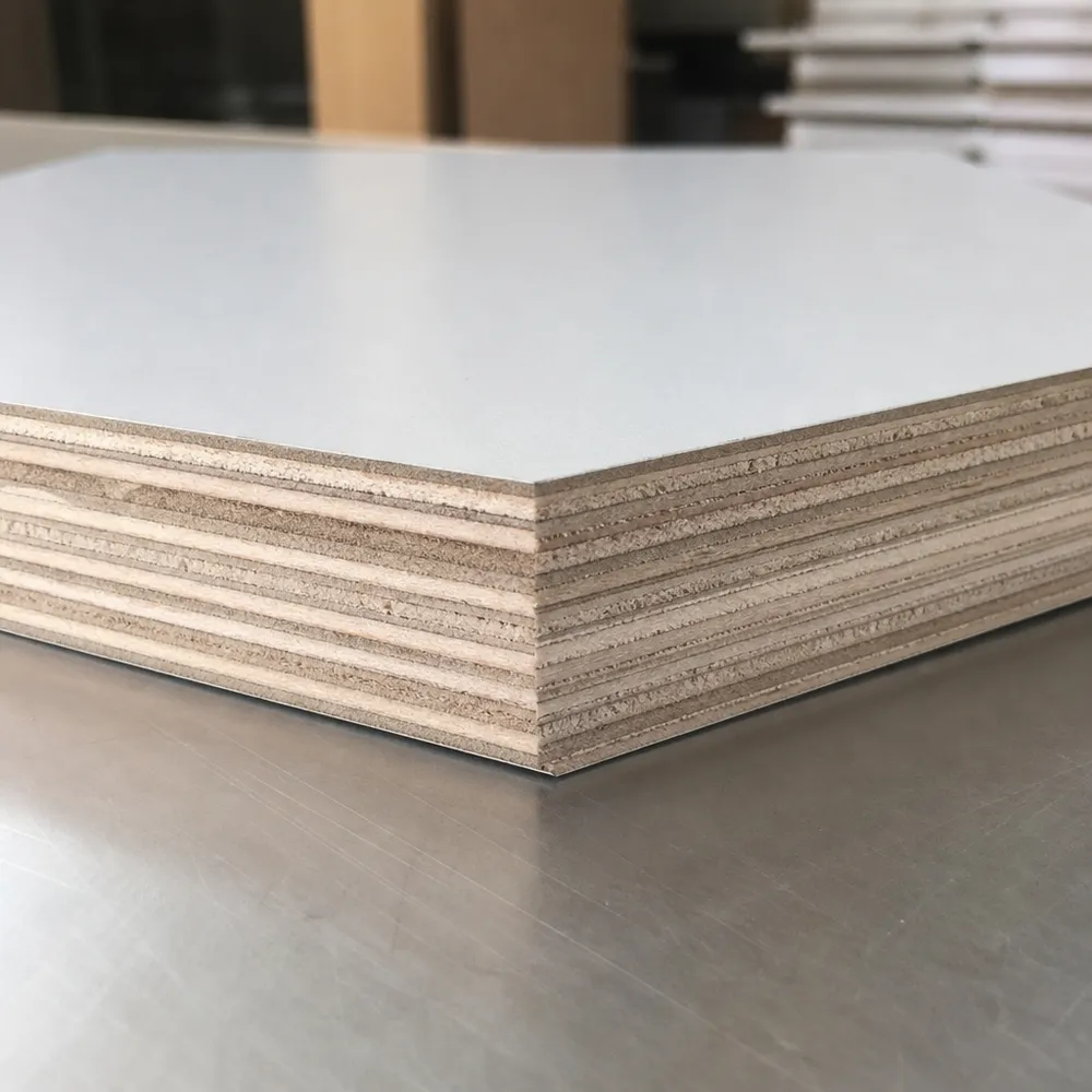 Cross-section of HPL plywood cabinet board showing multi-layer plywood core and HPL face laminate bonding