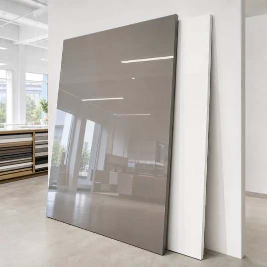 High-gloss solid HPL surface finish on cabinet board — reflective lacquer-look panel