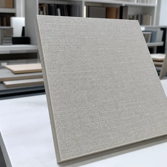 Textured linen HPL surface finish on cabinet board — tactile woven pattern panel