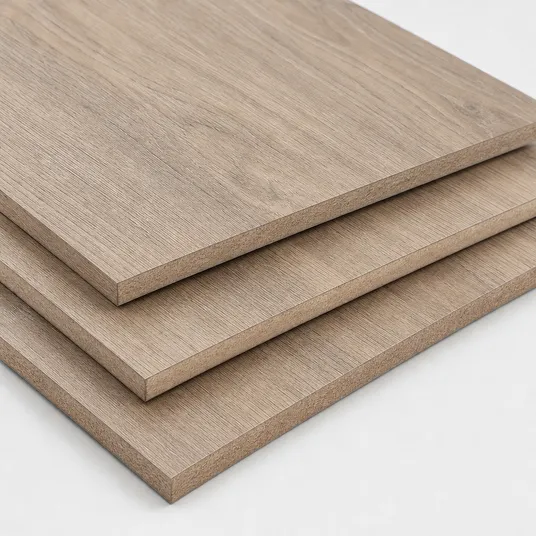 Woodgrain textured HPL surface finish on cabinet board — realistic oak grain pattern