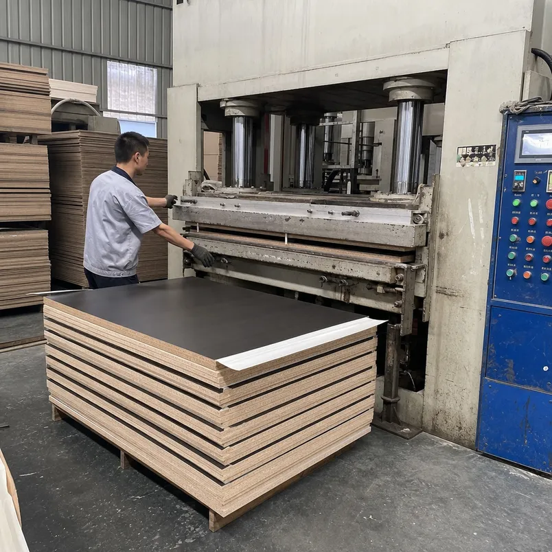 HPL face bonding process using hot press system with controlled temperature and pressure for cabinet board production