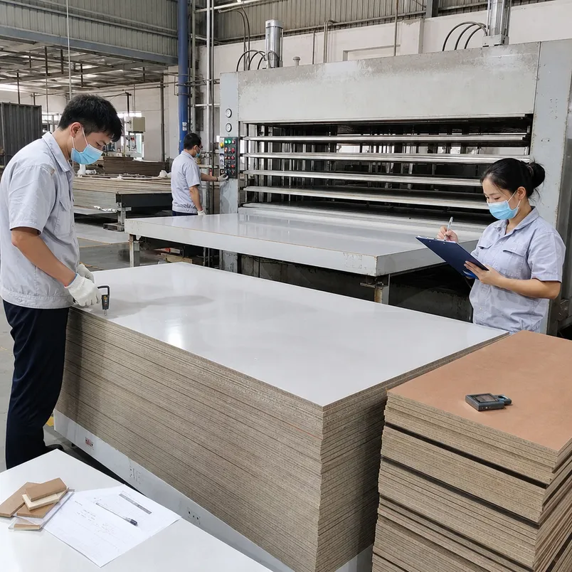 HPL lamination press bonding process at QDPlywood factory