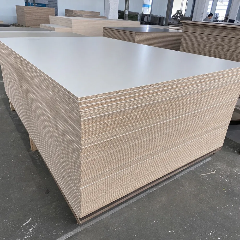 HPL plywood cabinet board panels stacked at QDPlywood factory — showing plywood core and HPL face layers