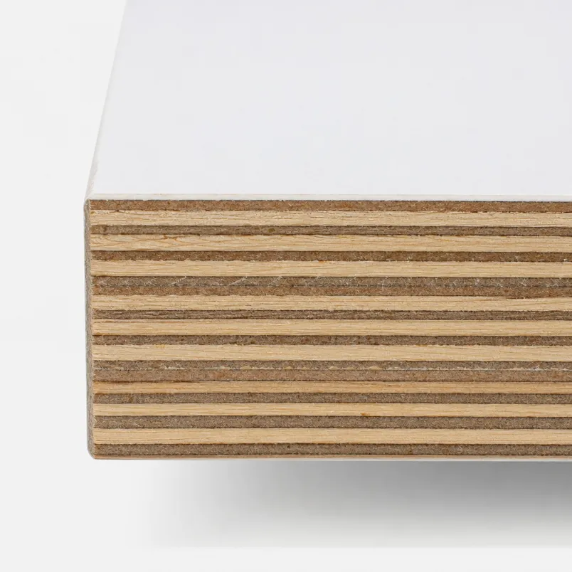 Cross-section of plywood core showing cross-grain veneer layers used in HPL cabinet board construction