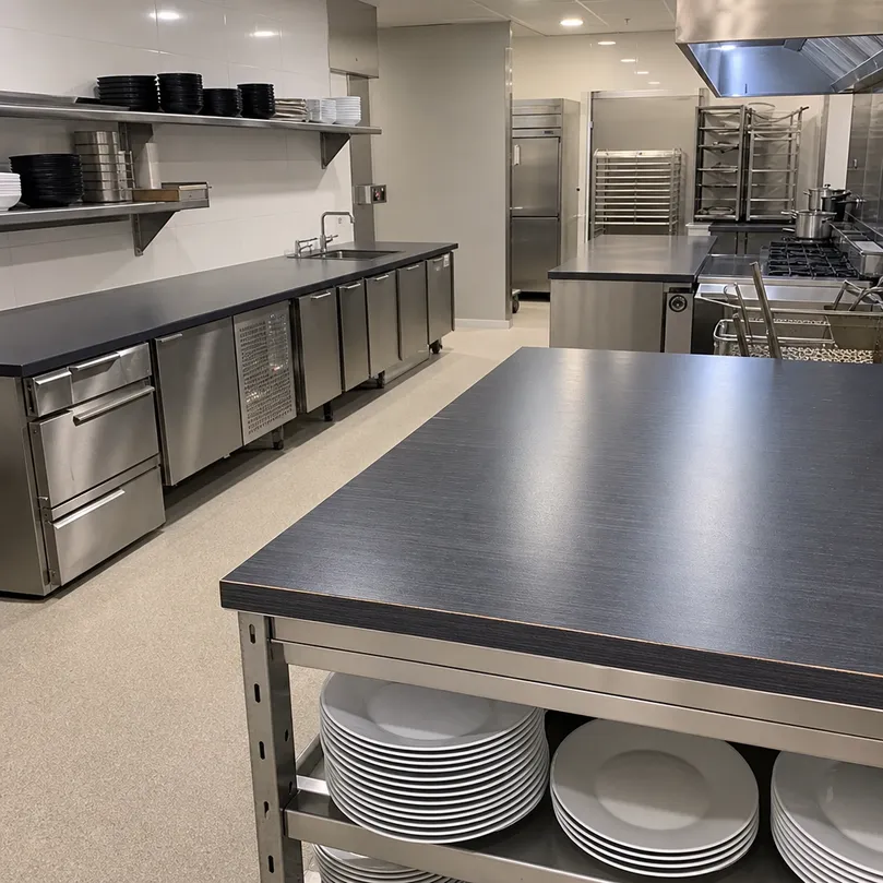 HPL plywood countertops installed in a commercial kitchen fitout