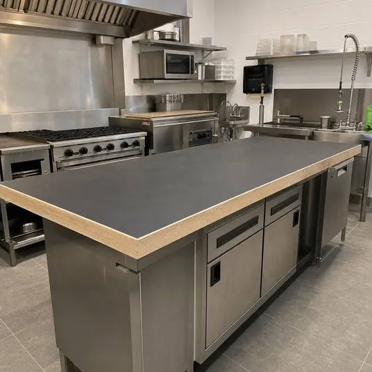 HPL plywood countertop installed in a commercial kitchen environment