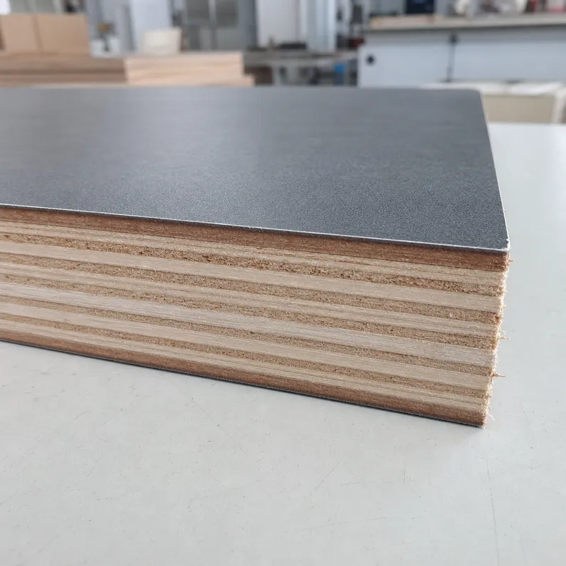 Cross-section of HPL plywood countertop panel showing core plies and laminate bond layer