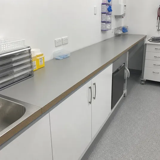 HPL plywood countertop installed in a healthcare or clinical environment