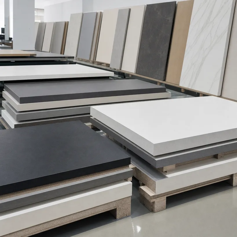 Solid color HPL plywood countertop panels in white grey black and neutral tones
