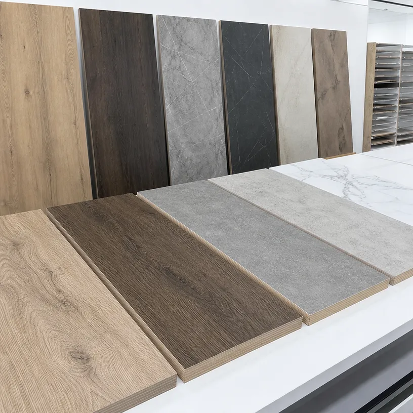 Textured woodgrain and stone finish HPL plywood countertop panels