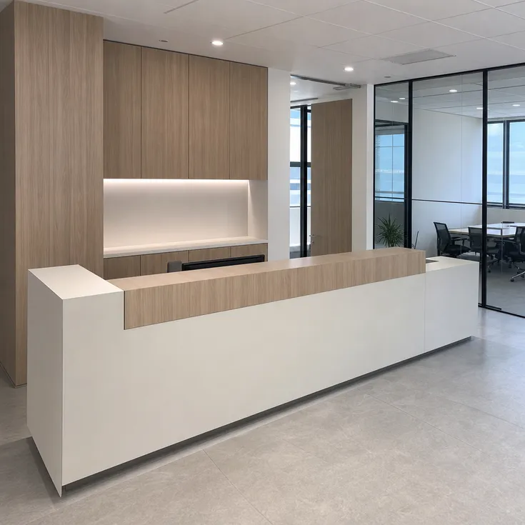 Commercial office fit-out using HPL plywood sheet for reception desks and partition cladding