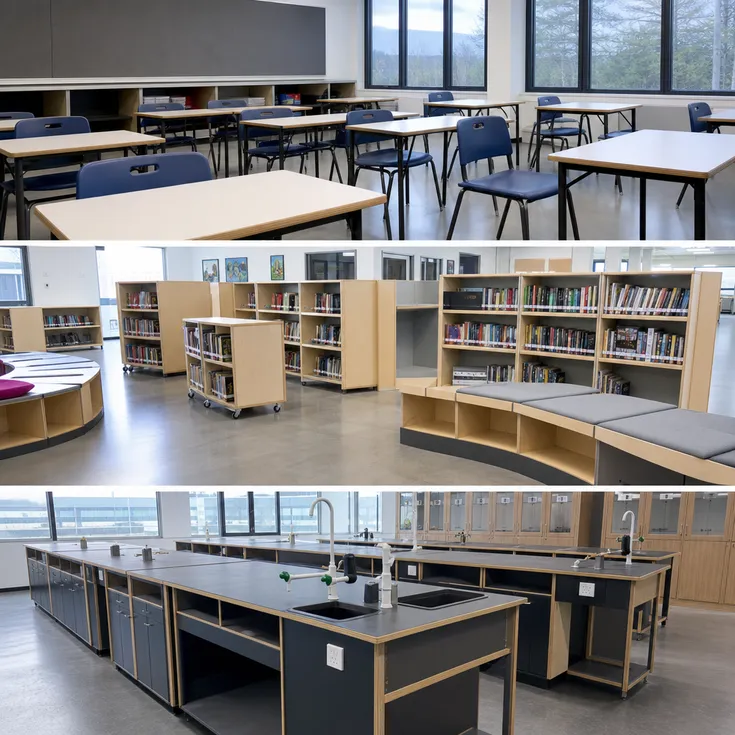 School and institutional furniture using HPL plywood for student desks, library shelving, and laboratory benches