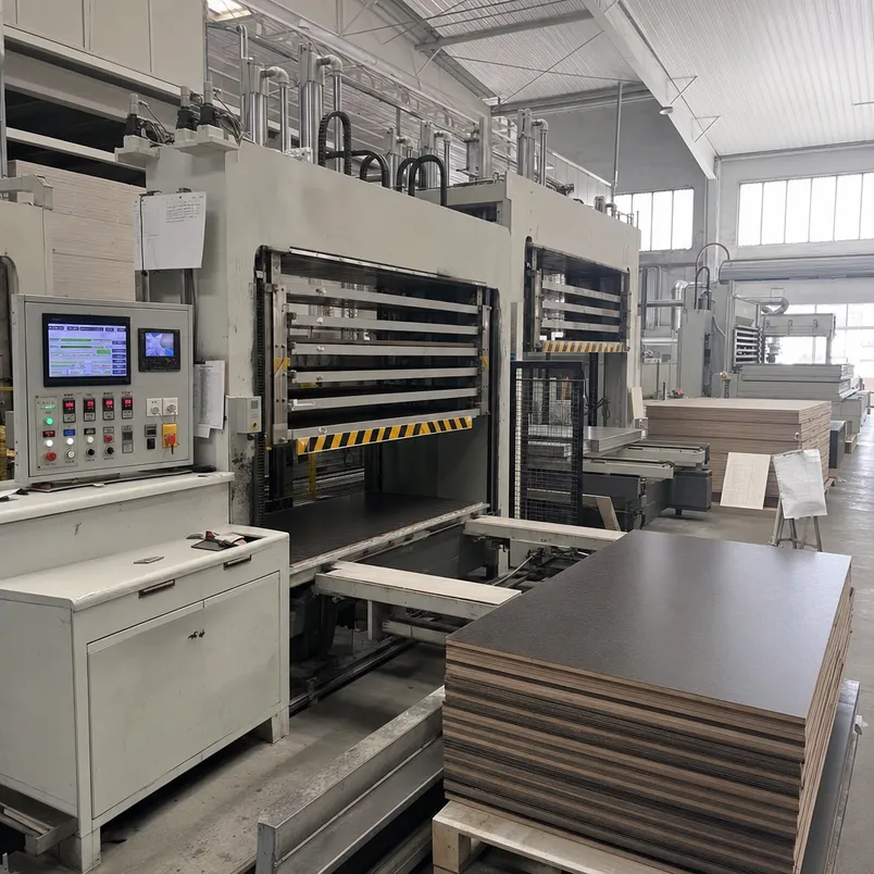 HPL plywood hot press lamination process showing temperature-controlled bonding cycle