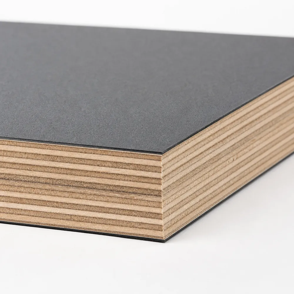 Cross-section of HPL plywood sheet showing plywood core and laminate face layers