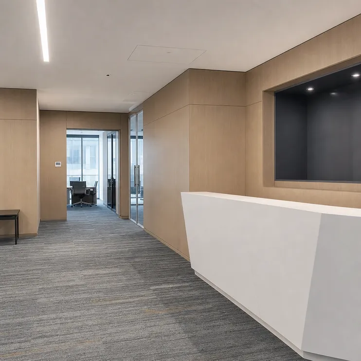 HPL plywood panels used in commercial office fit-out wall cladding