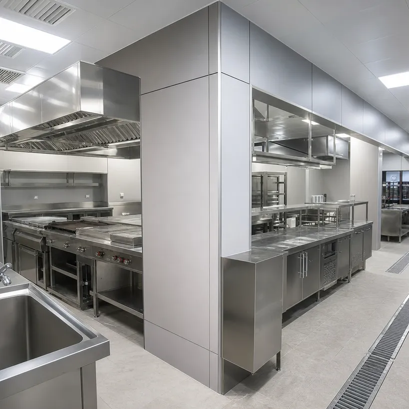 Commercial kitchen fit-out — restaurant and hotel kitchen HPL plywood panels with WBP core