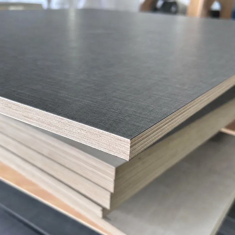 Close-up of 0.8mm HPL surface on kitchen-grade plywood panel showing texture and edge detail