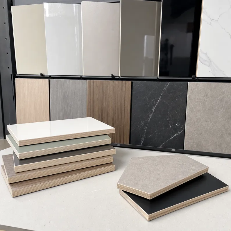 Range of HPL surface finishes available for kitchen-grade plywood: gloss, matte, wood-grain, and stone-effect