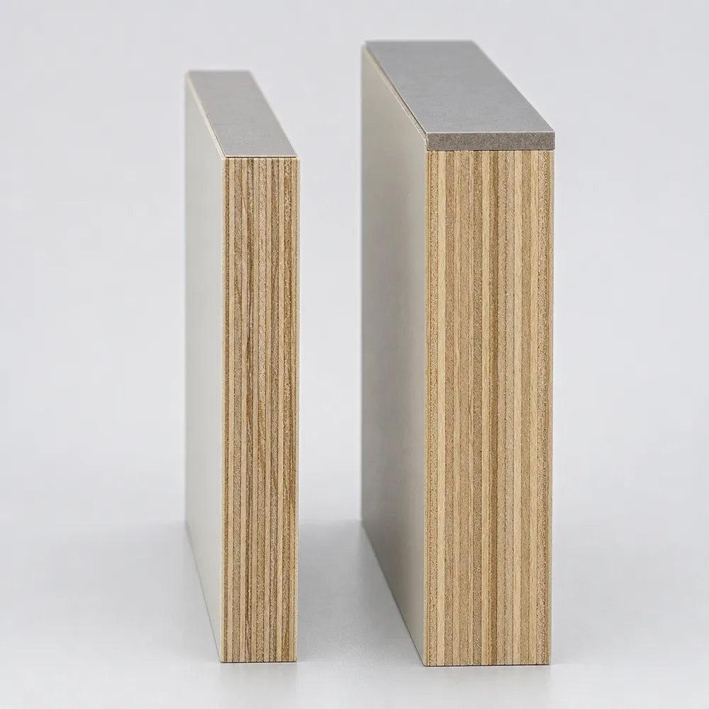 Cross-section comparison of kitchen-grade 0.8mm HPL versus standard 0.5mm HPL plywood