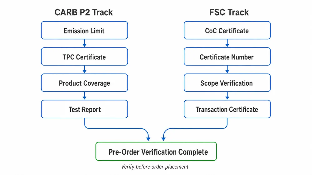 米国合板輸入業者向けCARB P2・FSC書類確認手順を示すワークフロー図
