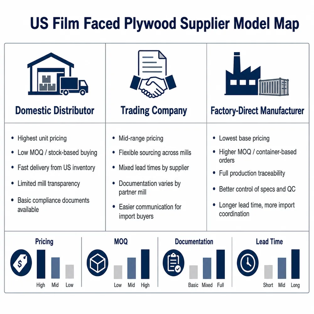 米国のフィルム合板サプライヤーの3つのモデル（国内ディストリビューター、トレーディングカンパニー、工場直輸入メーカー）を示す図
