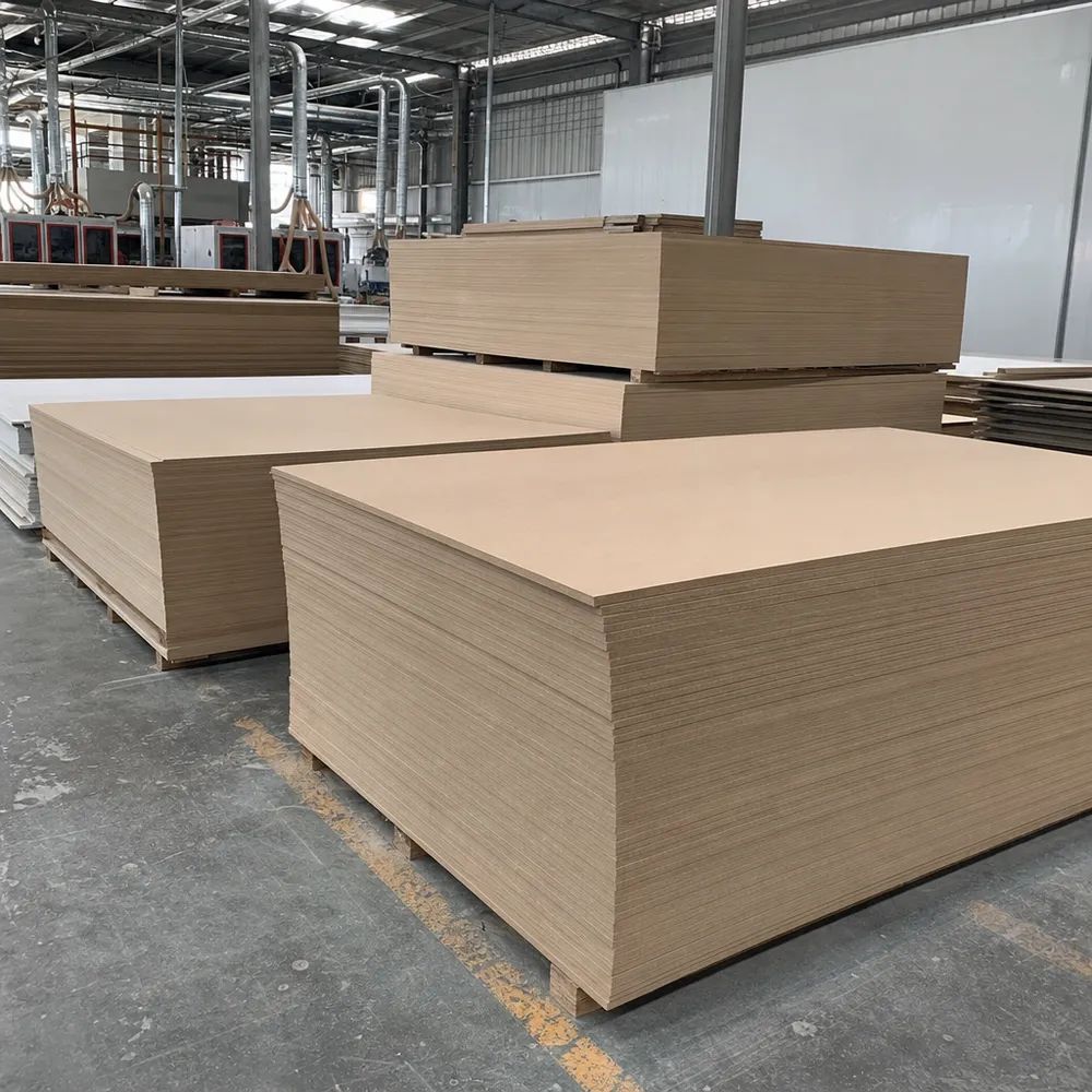 18mm MDF board panels stacked at factory — standard 1220×2440mm sheets
