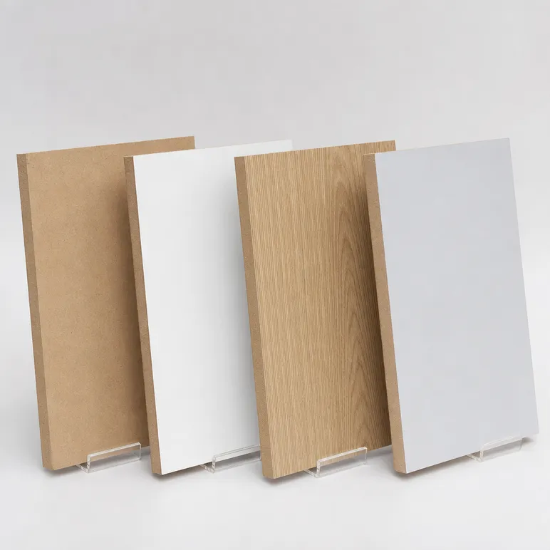 18mm MDF surface configuration options: plain sanded, melamine-faced, veneer-faced, and primer-coated panels