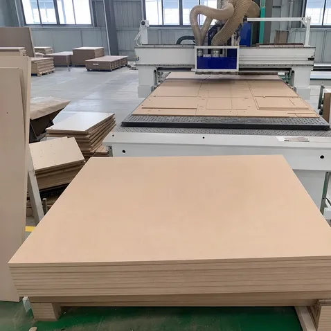 18mm MDF sheets on CNC cutting line for flat-pack furniture production