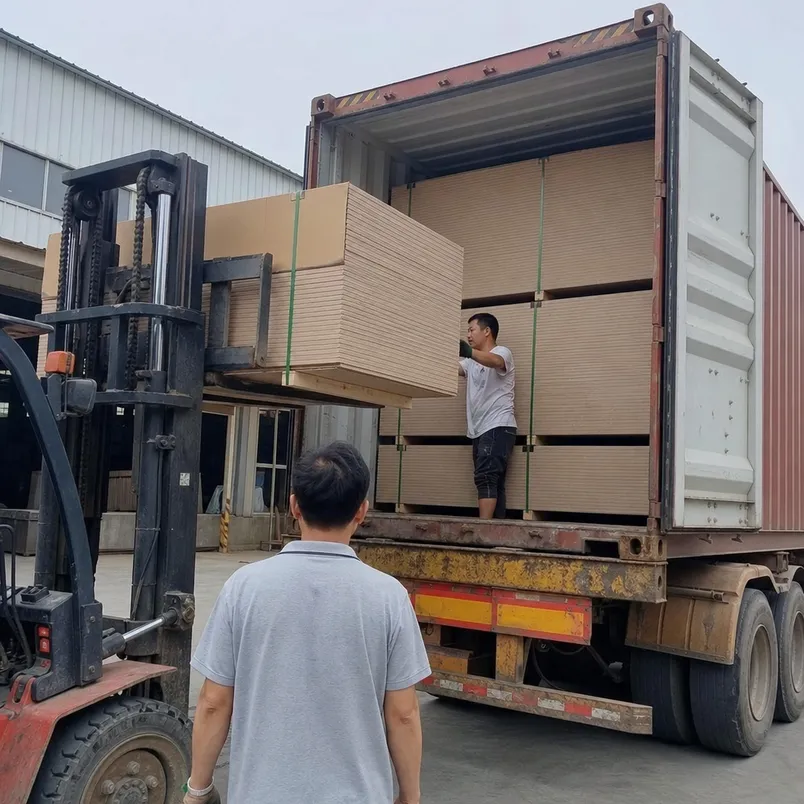 18mm MDF panels bundled and loaded into shipping container for export from Xuzhou