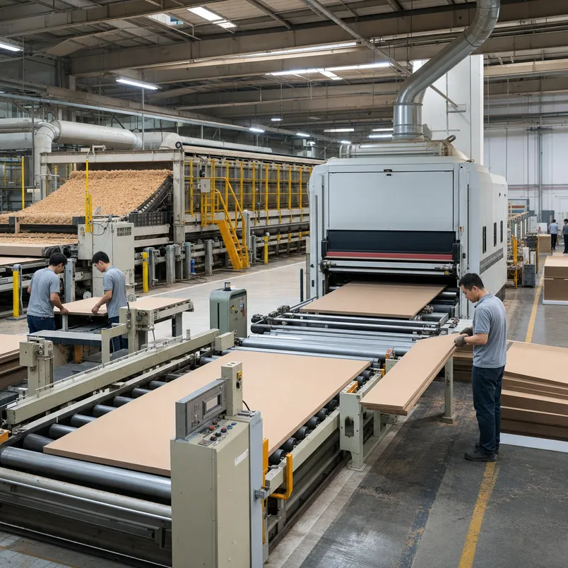 Continuous press line for 18mm MDF production showing fiber mat formation and press calibration