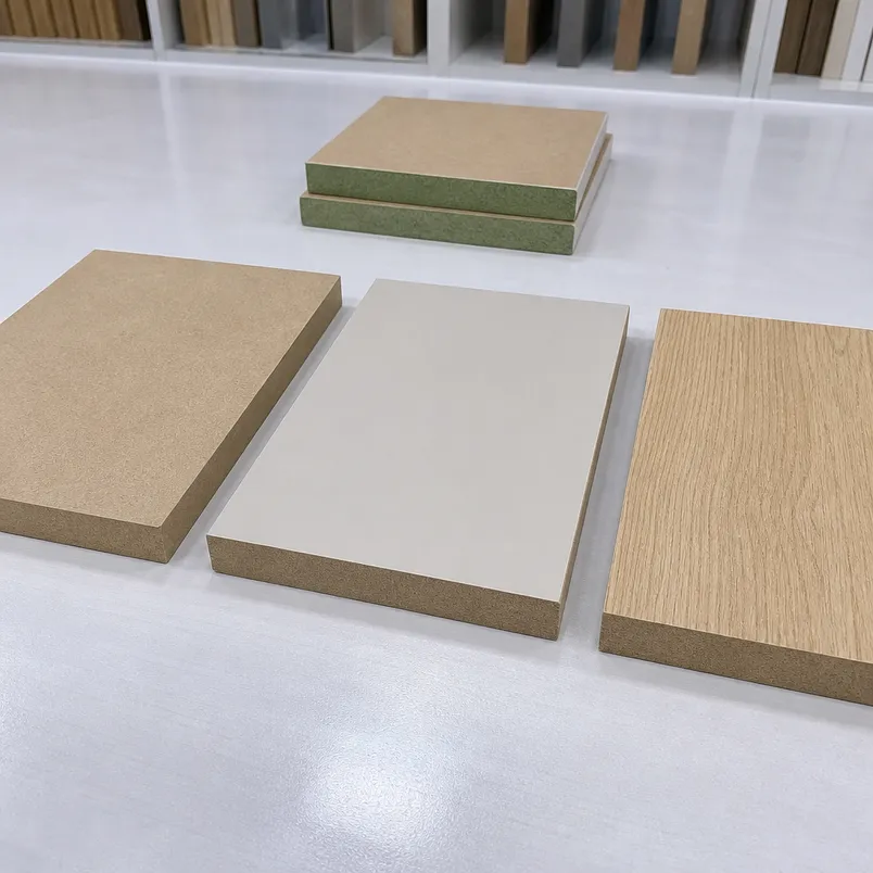 18mm MDF surface treatment options including plain sanded, melamine-faced, and veneer-faced panels