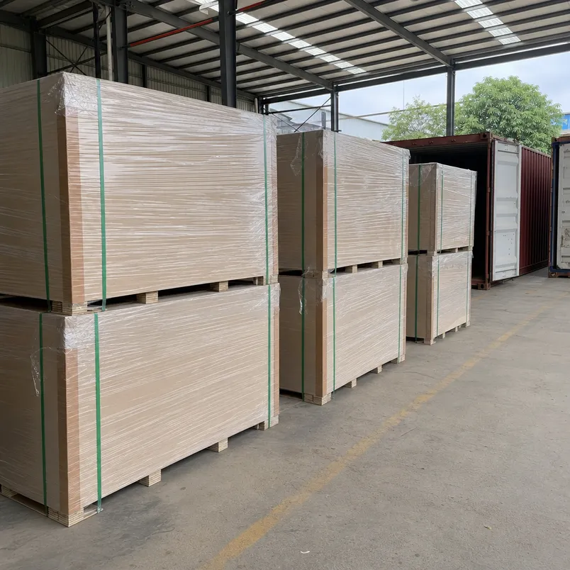 CNC MDF boards bundled and wrapped for container loading, showing moisture-resistant film and corner board protection
