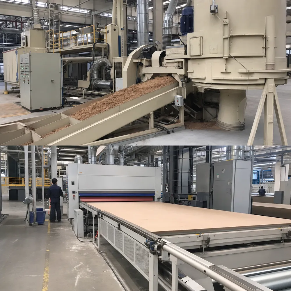 CNC MDF production line showing fiber refiner system and calibrated wide-belt sanding stage